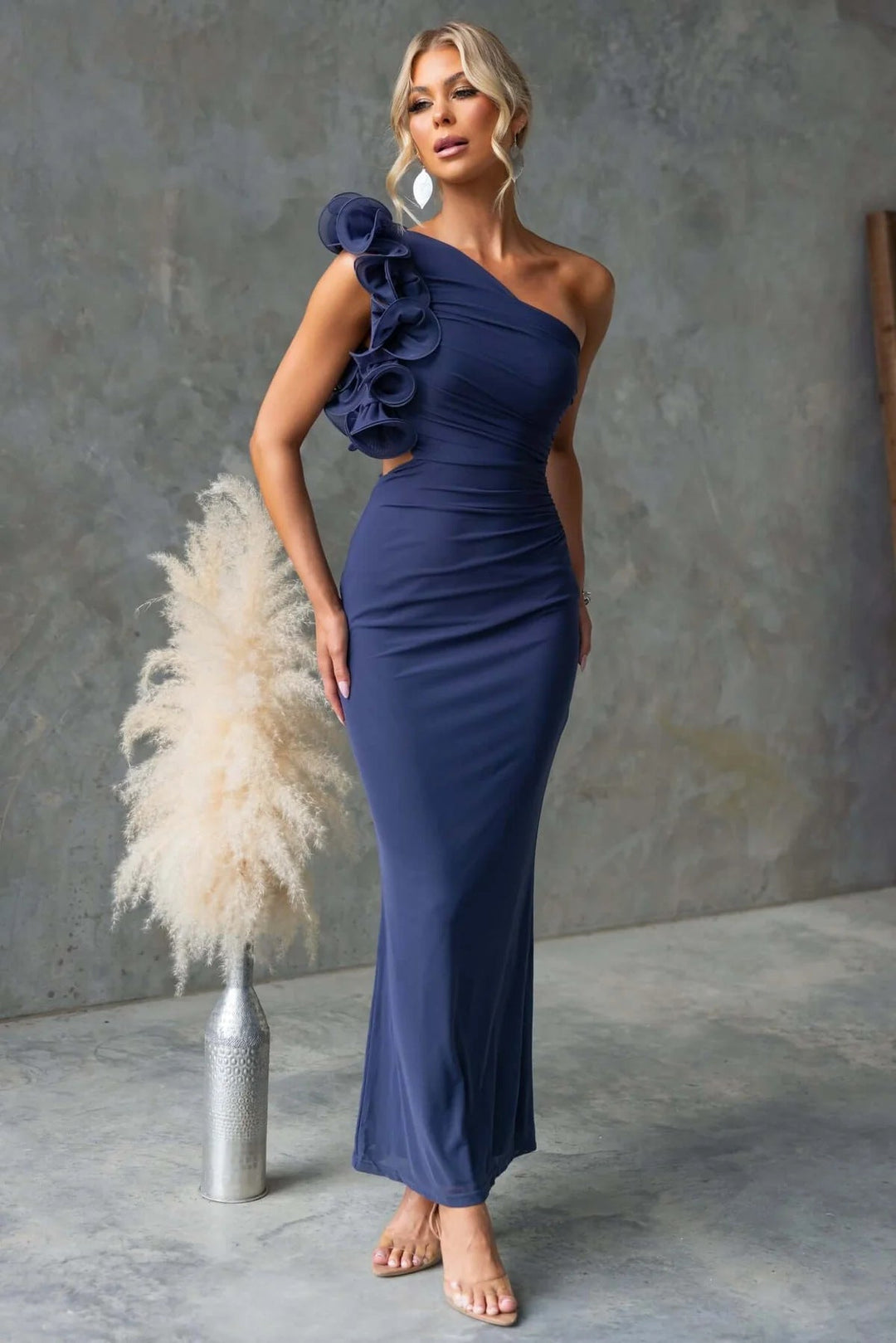 Odessa | Women's One-Shoulder Maxi Wedding Guest Dress – Ruffled Asymmetric Design
