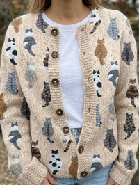 Womens Playful Cat Print Button-Front Cardigan Cotton Blend