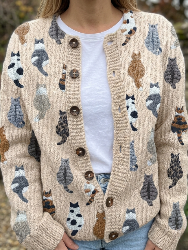 Womens Playful Cat Print Button-Front Cardigan Cotton Blend 0