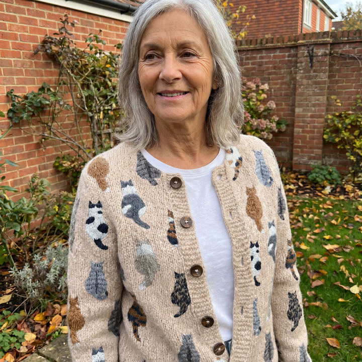 Womens Playful Cat Print Button-Front Cardigan Cotton Blend 1