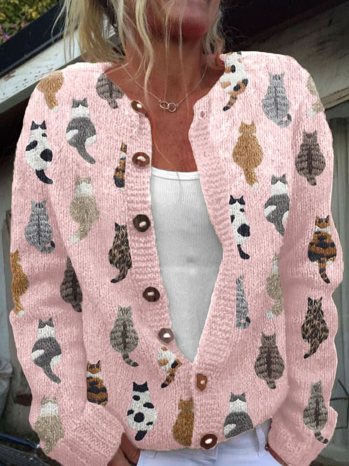 Womens Playful Cat Print Button-Front Cardigan Cotton Blend 2