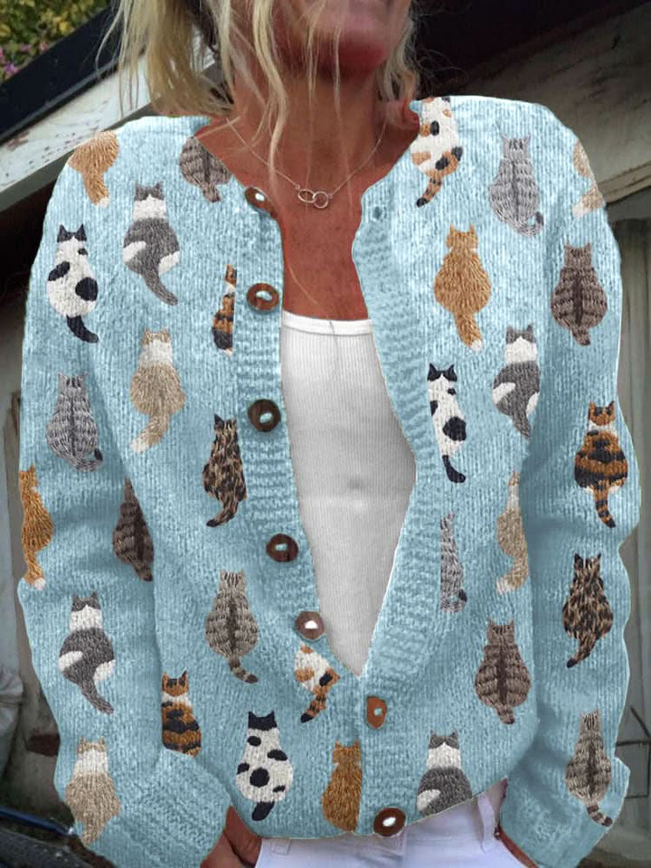 Womens Playful Cat Print Button-Front Cardigan Cotton Blend 3