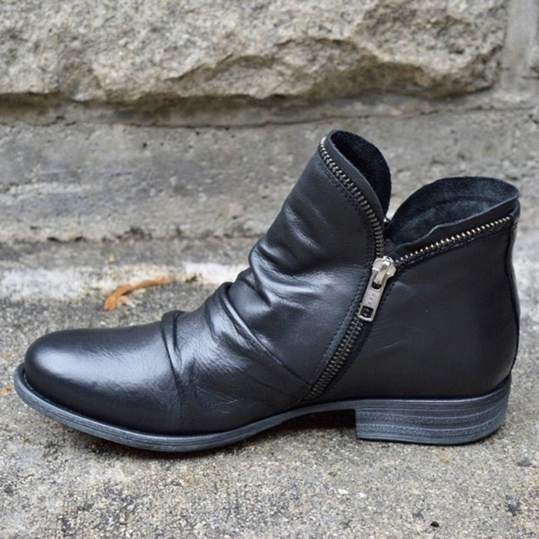 Womens Pleated Zip Black Ankle Boots Faux Leather 2