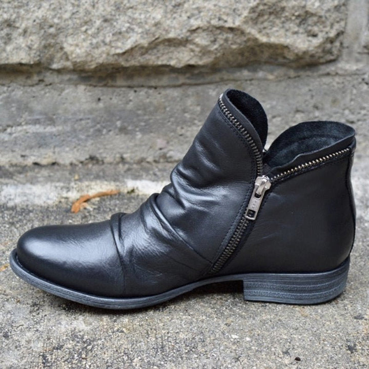 Womens Pleated Zip Black Ankle Boots Faux Leather 2