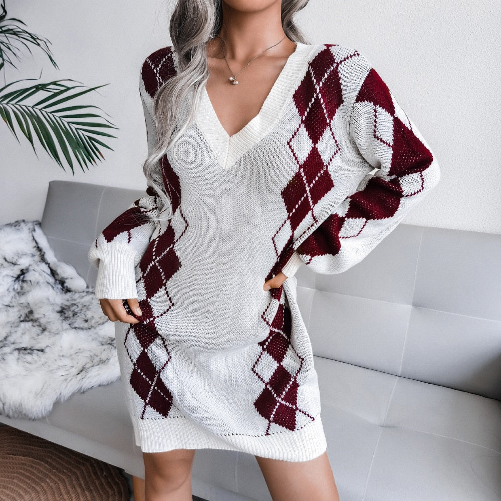 Womens Printed V-Neck Long Sleeve Sweater Winter Dress Knit 0