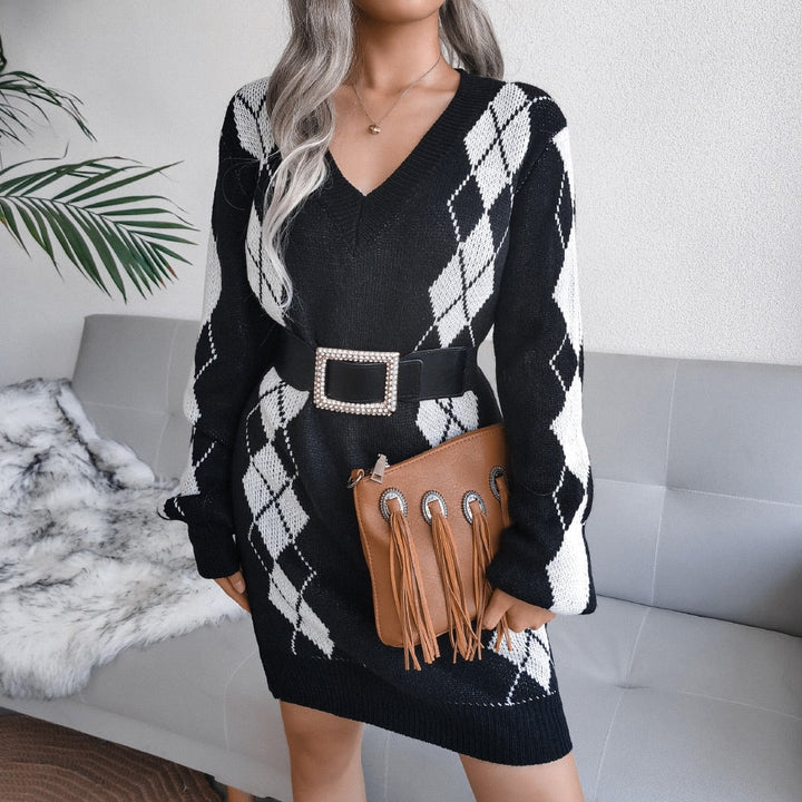 Womens Printed V-Neck Long Sleeve Sweater Winter Dress Knit 1