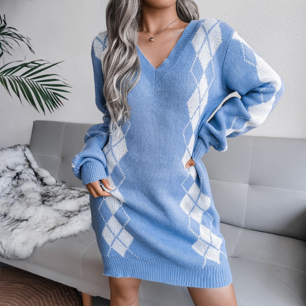 Womens Printed V-Neck Long Sleeve Sweater Winter Dress Knit 2