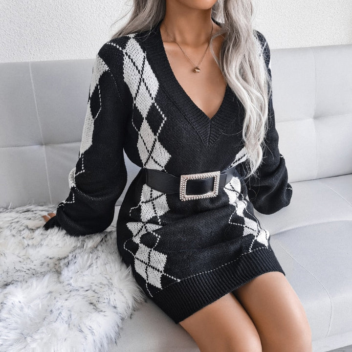 Womens Printed V-Neck Long Sleeve Sweater Winter Dress Knit 5