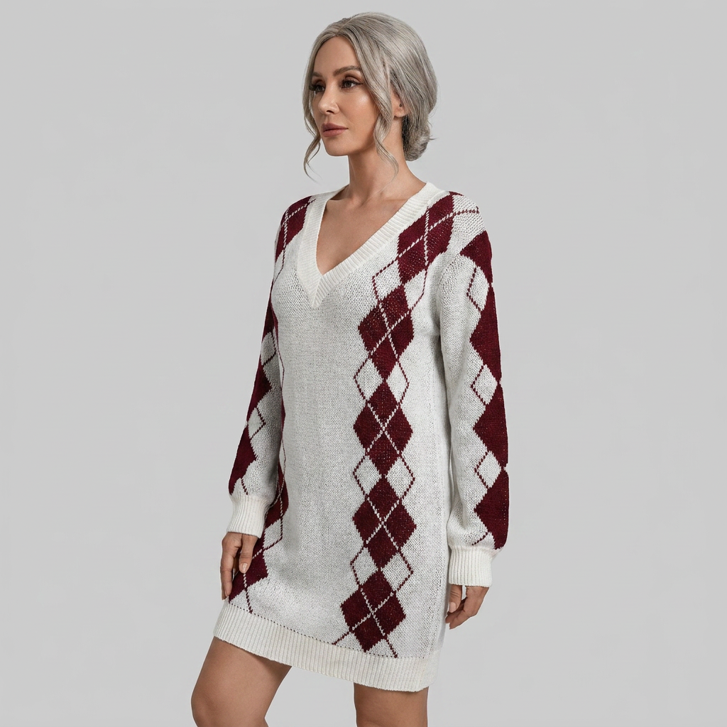 Womens Printed V-Neck Long Sleeve Sweater Winter Dress Knit 8