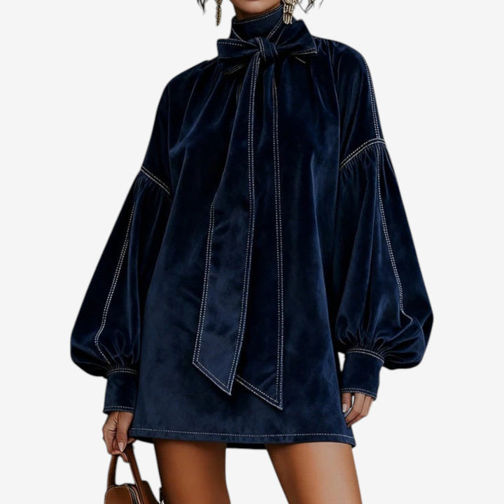 Womens Puff Sleeve Bow Neck Mini Winter Dress Autumn Chiffon 0