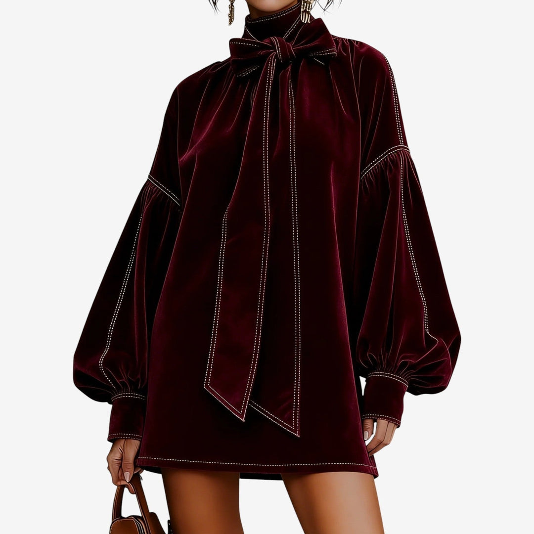 Womens Puff Sleeve Bow Neck Mini Winter Dress Autumn Chiffon 1