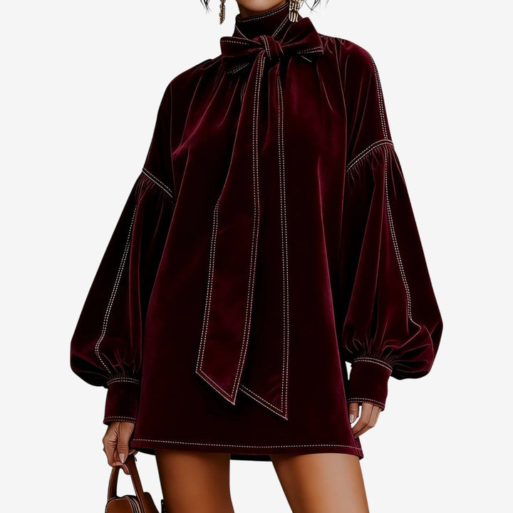Womens Puff Sleeve Bow Neck Mini Winter Dress Autumn Chiffon 1