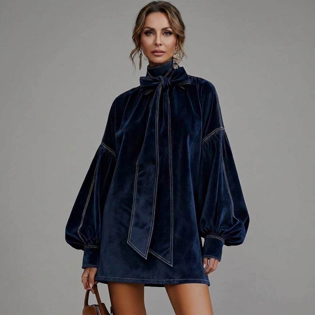 Womens Puff Sleeve Bow Neck Mini Winter Dress Autumn Chiffon 5