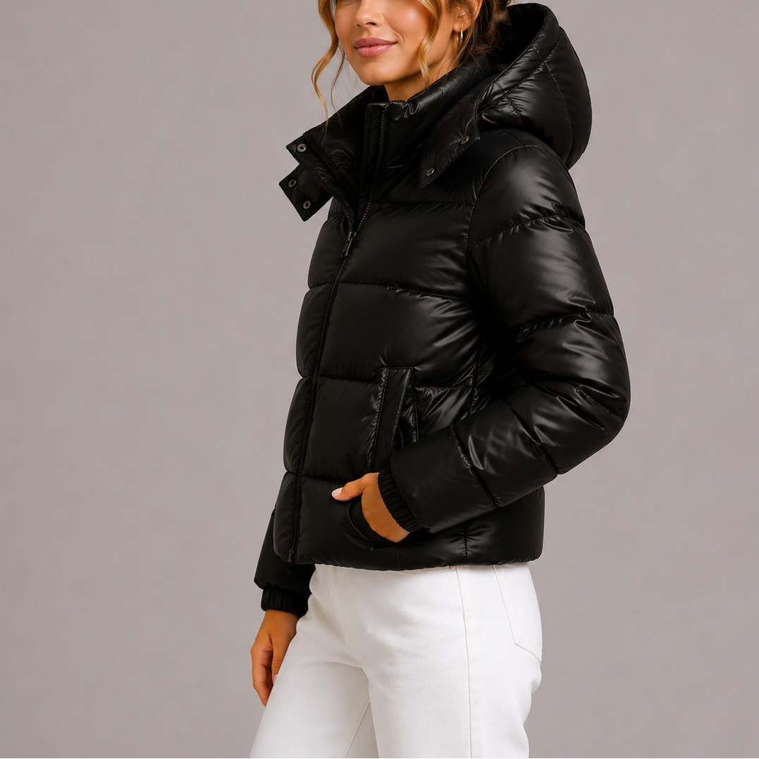 Womens Quilted Hooded Puffer Jacket Lightweight Glossy 2