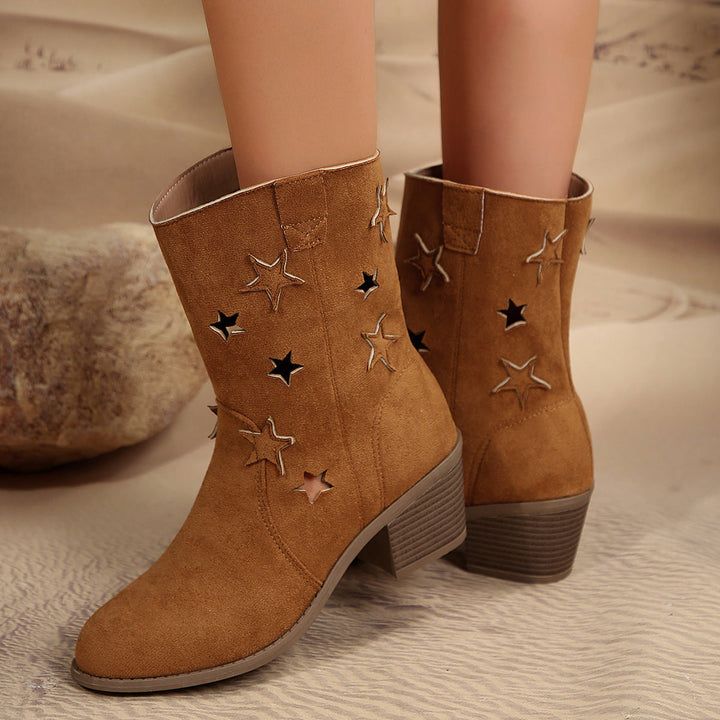 Womens Retro Star Cut-Out Mid-Calf Cowboy Boots Suede 4