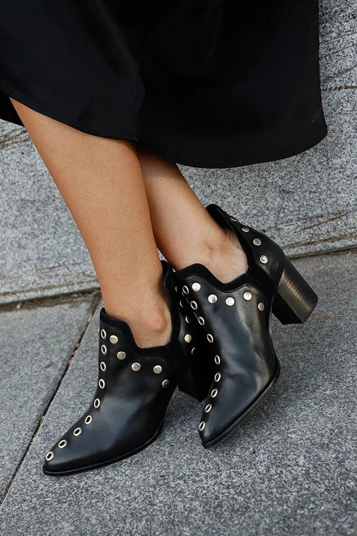 Womens Rock Chic Black Ankle Boots Pointed Toe Leather 0