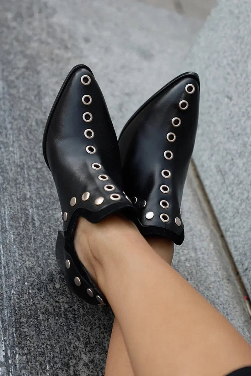 Womens Rock Chic Black Ankle Boots Pointed Toe Leather 2