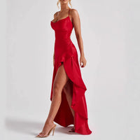 Serena | Women's Satin Maxi Wedding Guest Dress – Waterfall Neckline