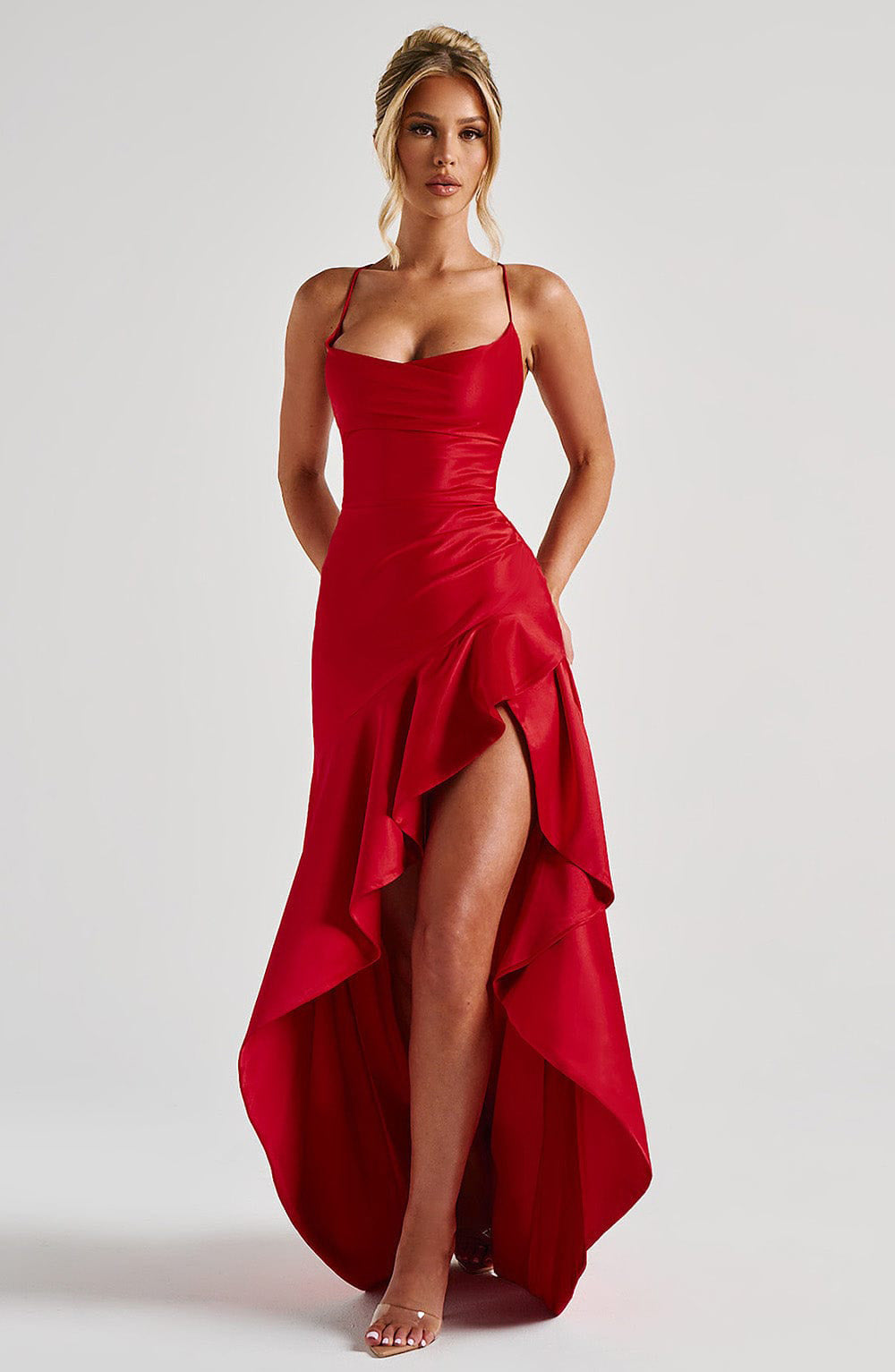 Serena | Women's Satin Maxi Wedding Guest Dress – Waterfall Neckline