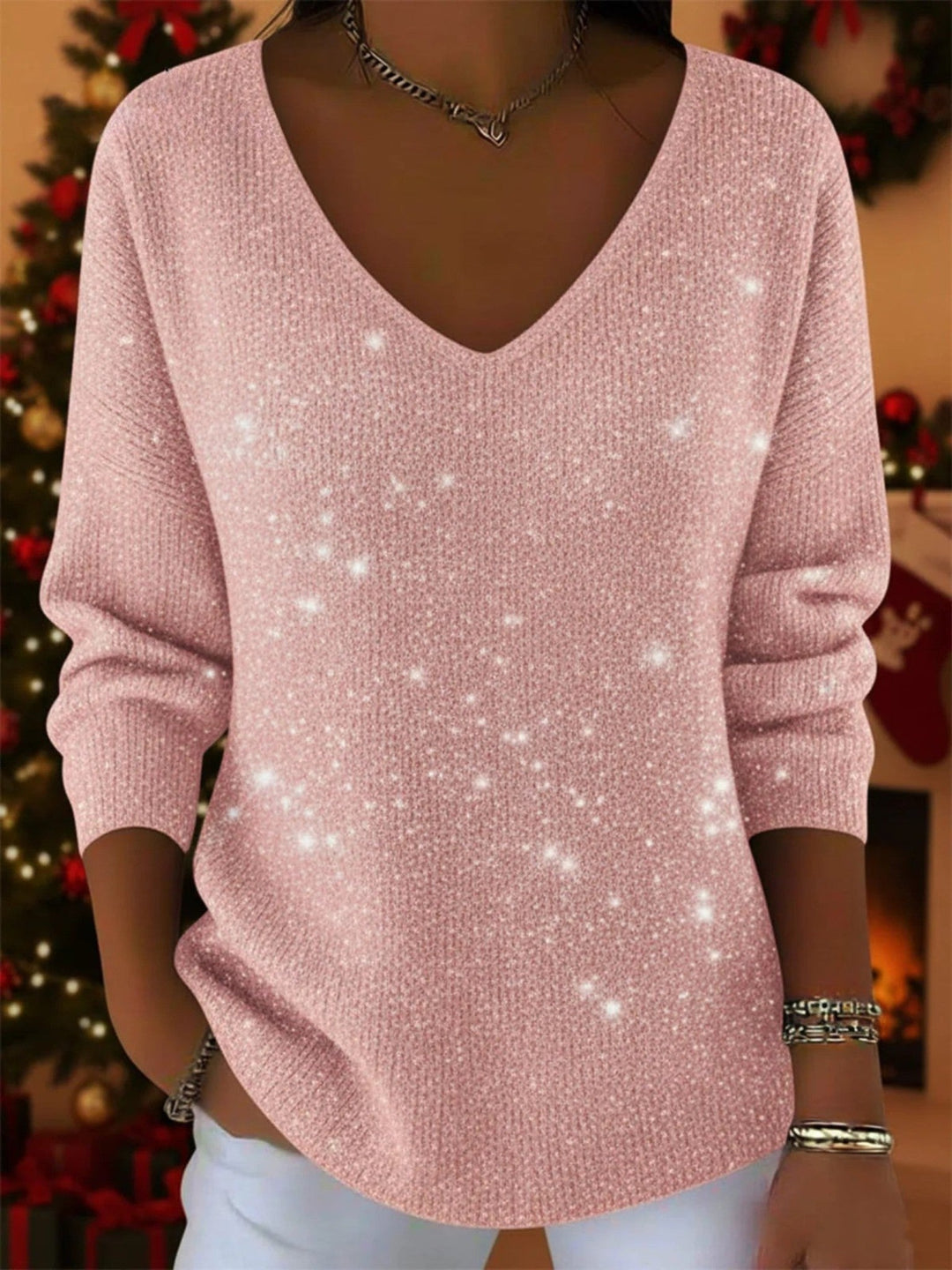 Womens Sequin V Neck Festive Jumper Knit 4