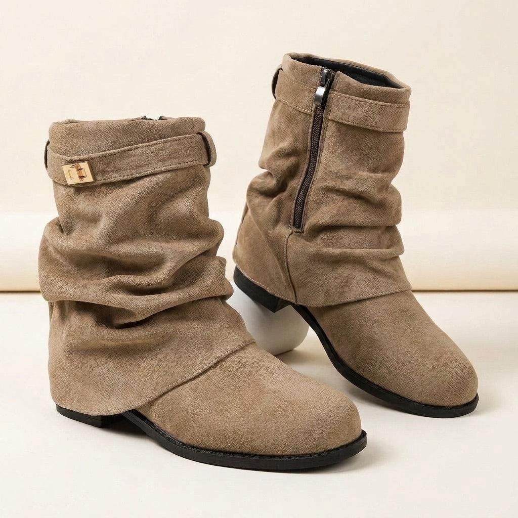 Womens Slouch Suede Low Heel Boots with Rounded Toe 0
