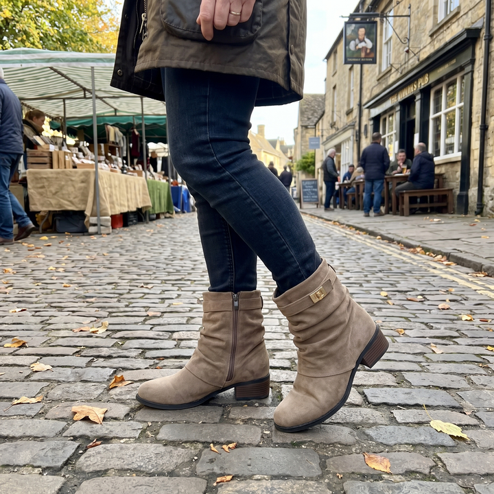 Womens Slouch Suede Low Heel Boots with Rounded Toe 1