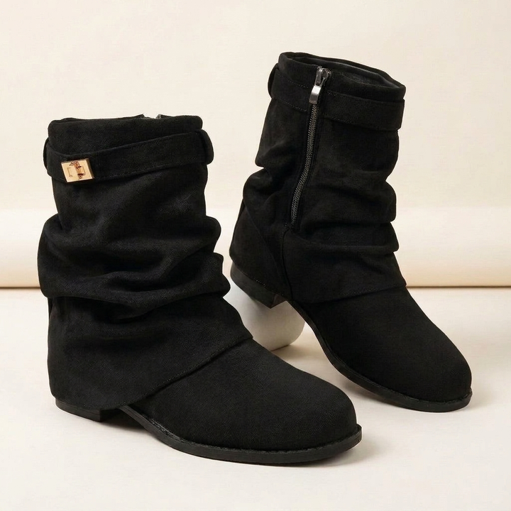 Womens Slouch Suede Low Heel Boots with Rounded Toe 2
