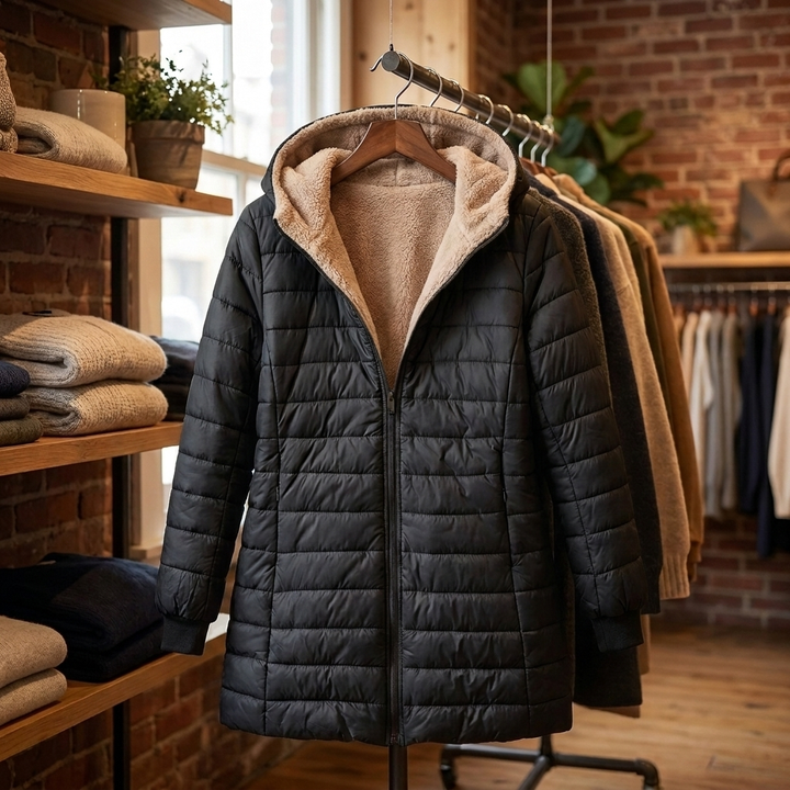 Womens Tailored Hooded Mid-Length Winter Coat Fleece 4