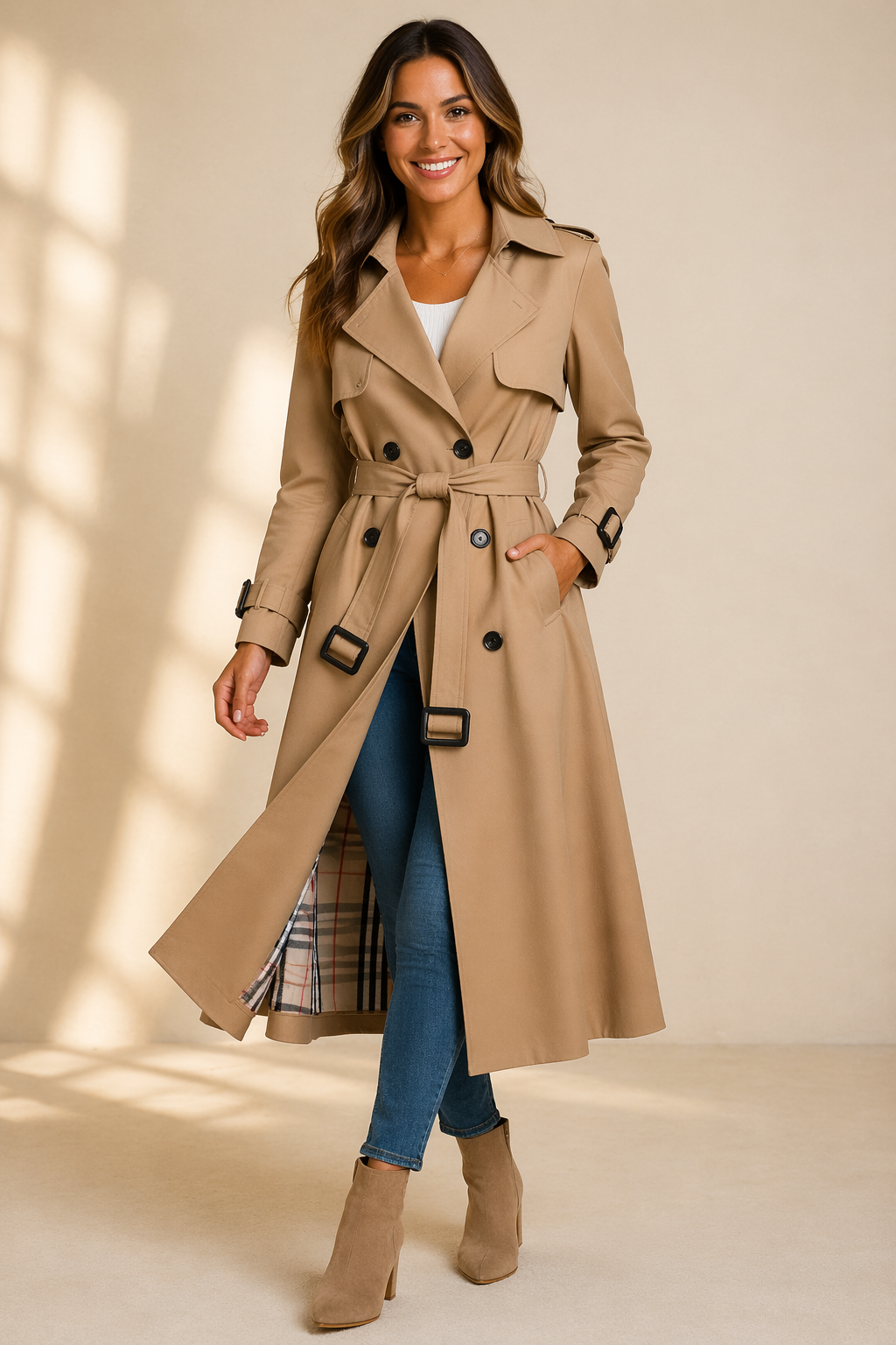 Womens Midi Trench Coat Wool Blend Check Lining 1