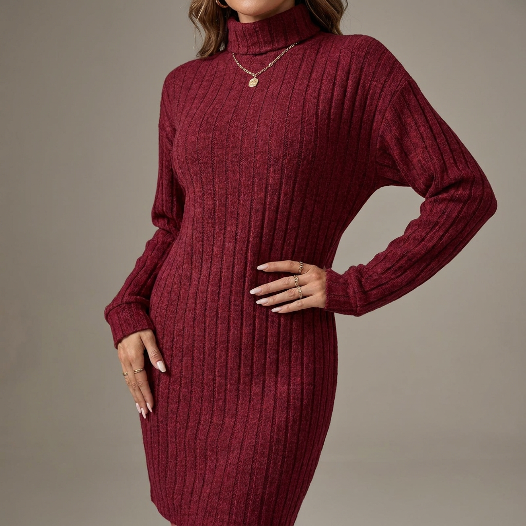 Womens Textured Turtleneck Long Sleeve Midi Winter Dress Knit 10
