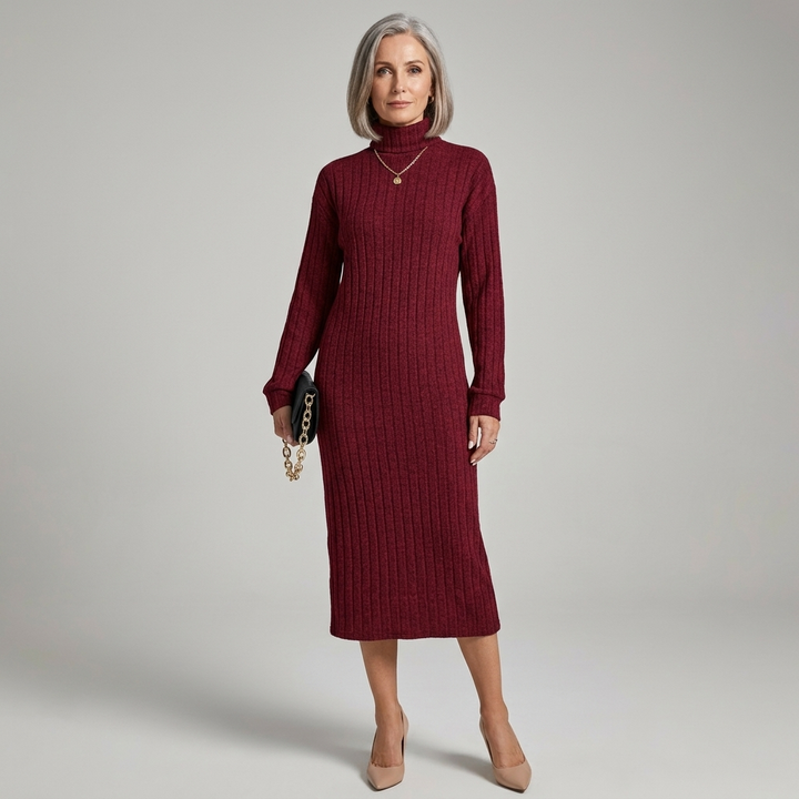 Womens Textured Turtleneck Long Sleeve Midi Winter Dress Knit 8