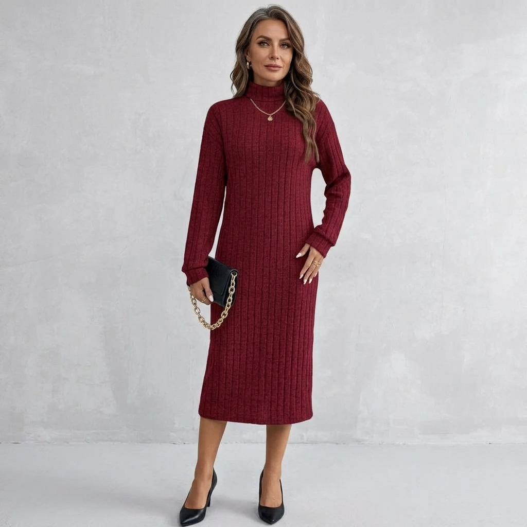 Womens Textured Turtleneck Long Sleeve Midi Winter Dress Knit 9