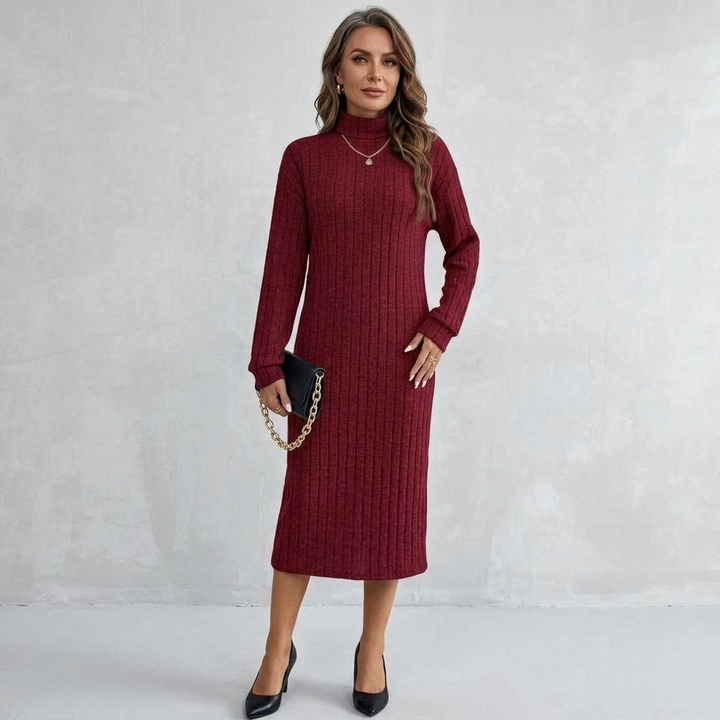 Womens Textured Turtleneck Long Sleeve Midi Winter Dress Knit 9