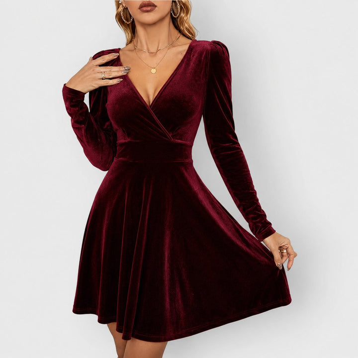Womens Velvet Long Sleeve V-Neck Skater Dress Mini 0