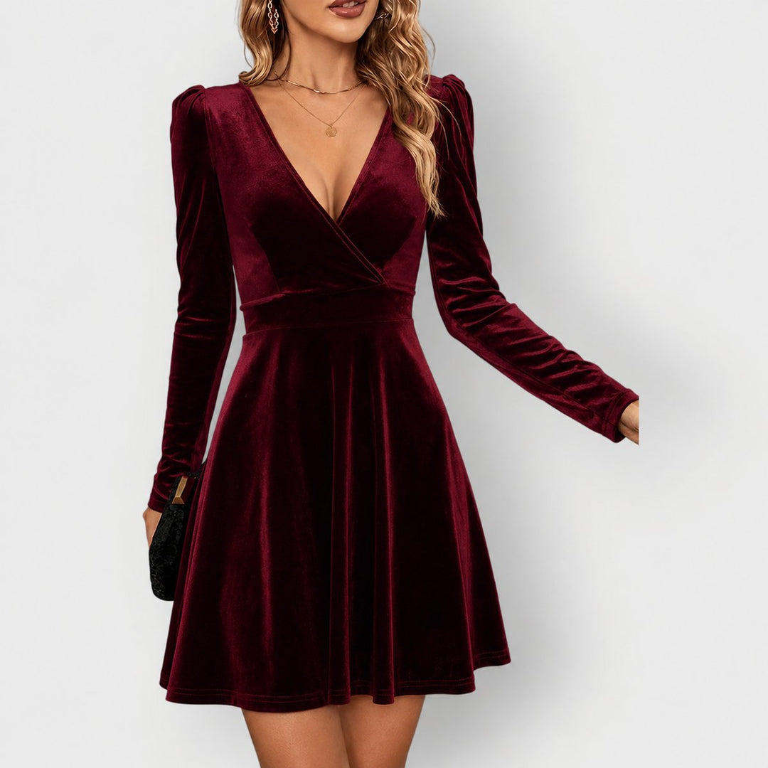 Womens Velvet Long Sleeve V-Neck Skater Dress Mini 1