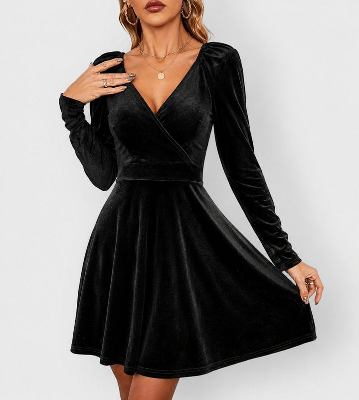Womens Velvet Long Sleeve V-Neck Skater Dress Mini 2