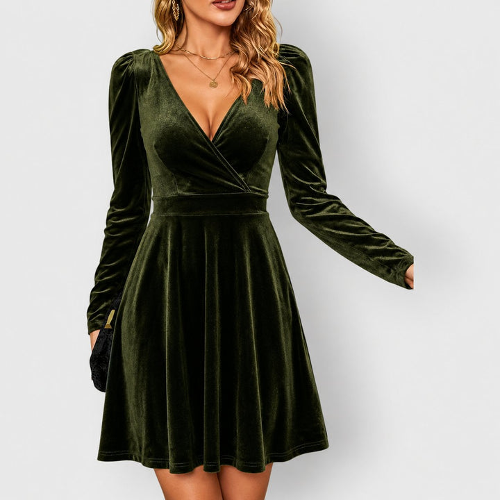 Womens Velvet Long Sleeve V-Neck Skater Dress Mini 4