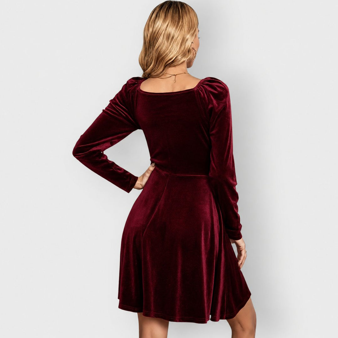 Womens Velvet Long Sleeve V-Neck Skater Dress Mini 5