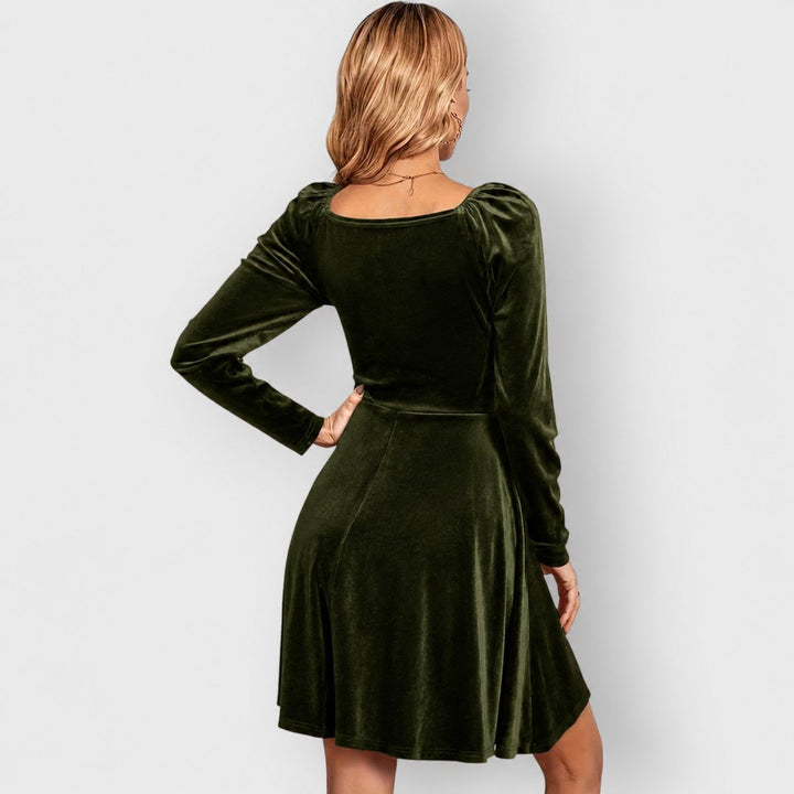 Womens Velvet Long Sleeve V-Neck Skater Dress Mini 7