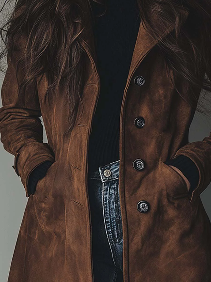 Womens Vintage Trench Coat Cotton Double-Breasted 4
