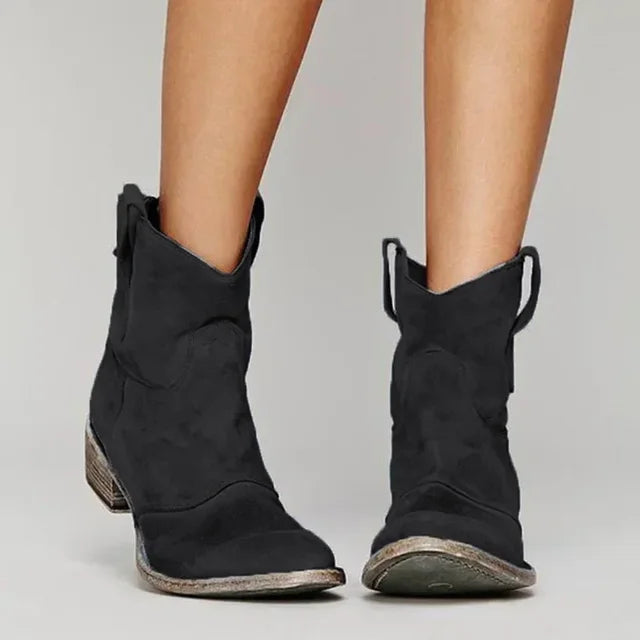 Womens Vintage Western Pointed Toe Black Ankle Boots Leather 0