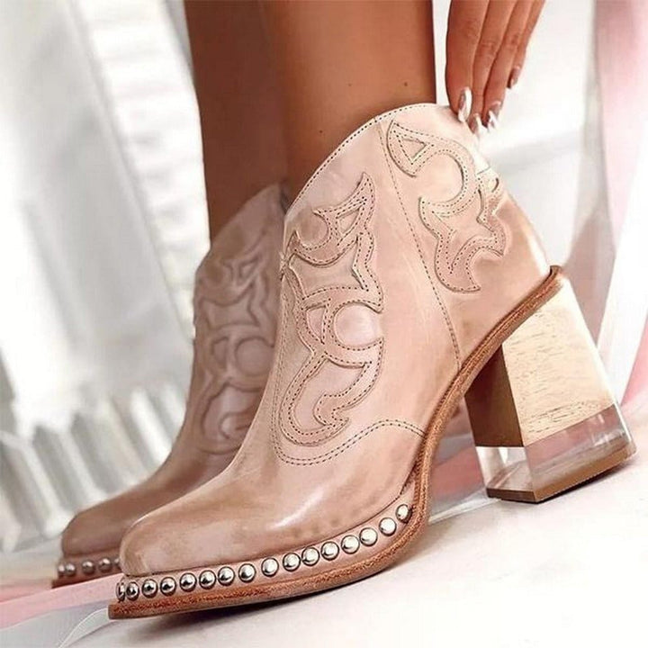 Womens Western Ankle Boots Block Heel Faux Leather 0