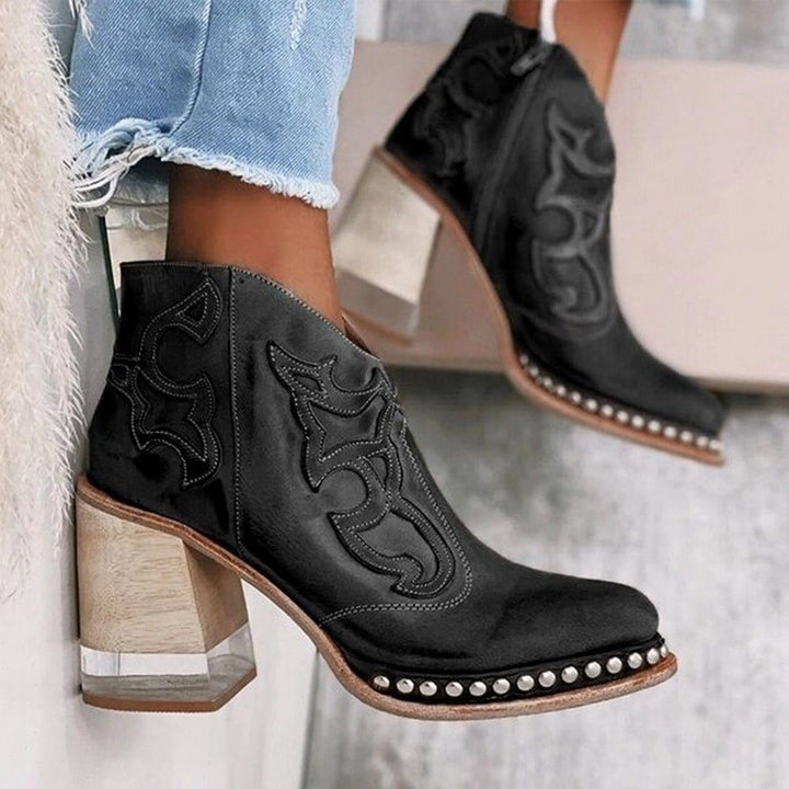 Womens Western Ankle Boots Block Heel Faux Leather 1