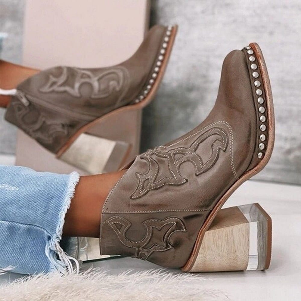 Womens Western Ankle Boots Block Heel Faux Leather 2