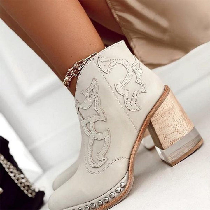 Womens Western Ankle Boots Block Heel Faux Leather 6
