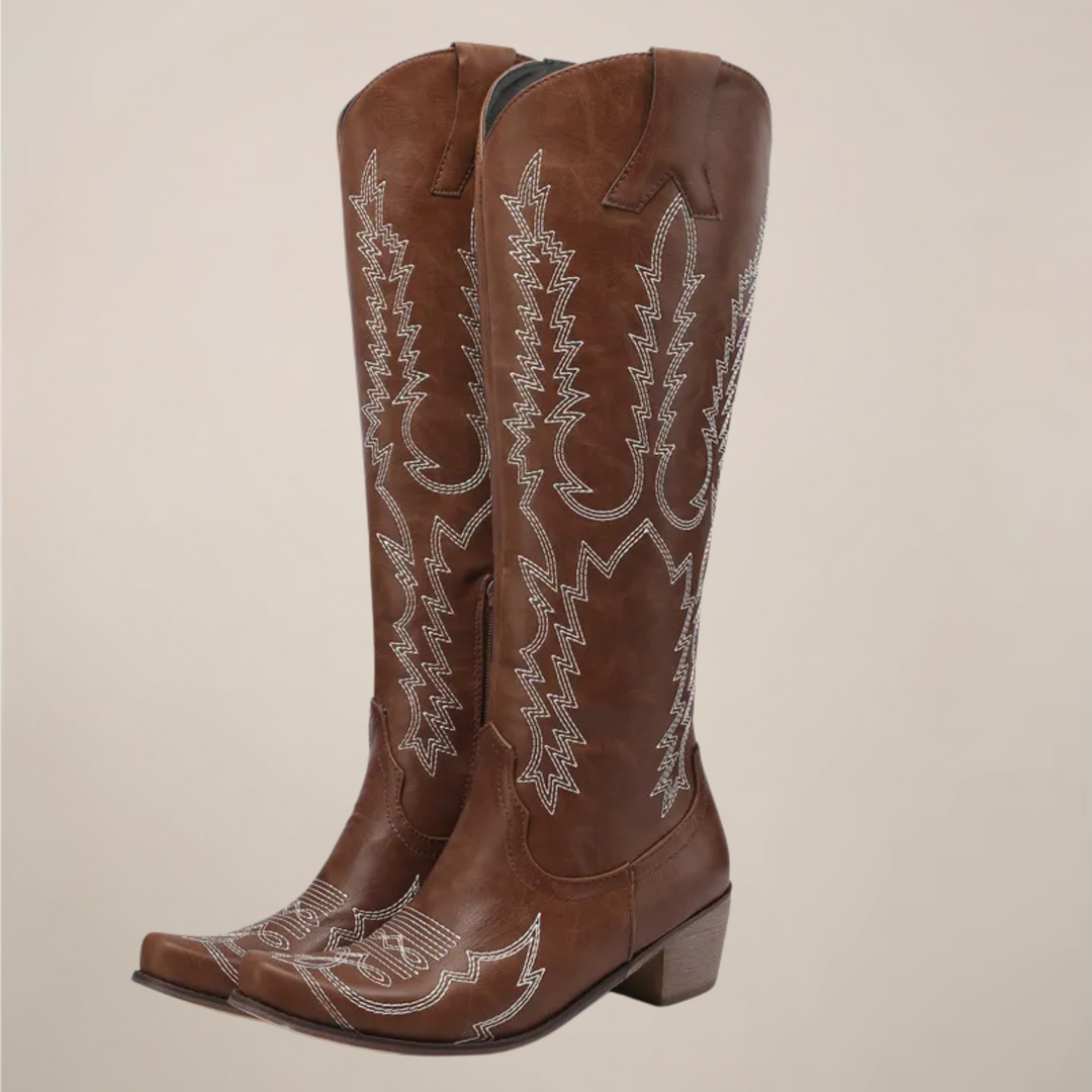 Womens Western Embroidered Knee High Boots Block Heel 0