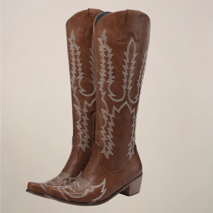 Womens Western Embroidered Knee High Boots Block Heel 0