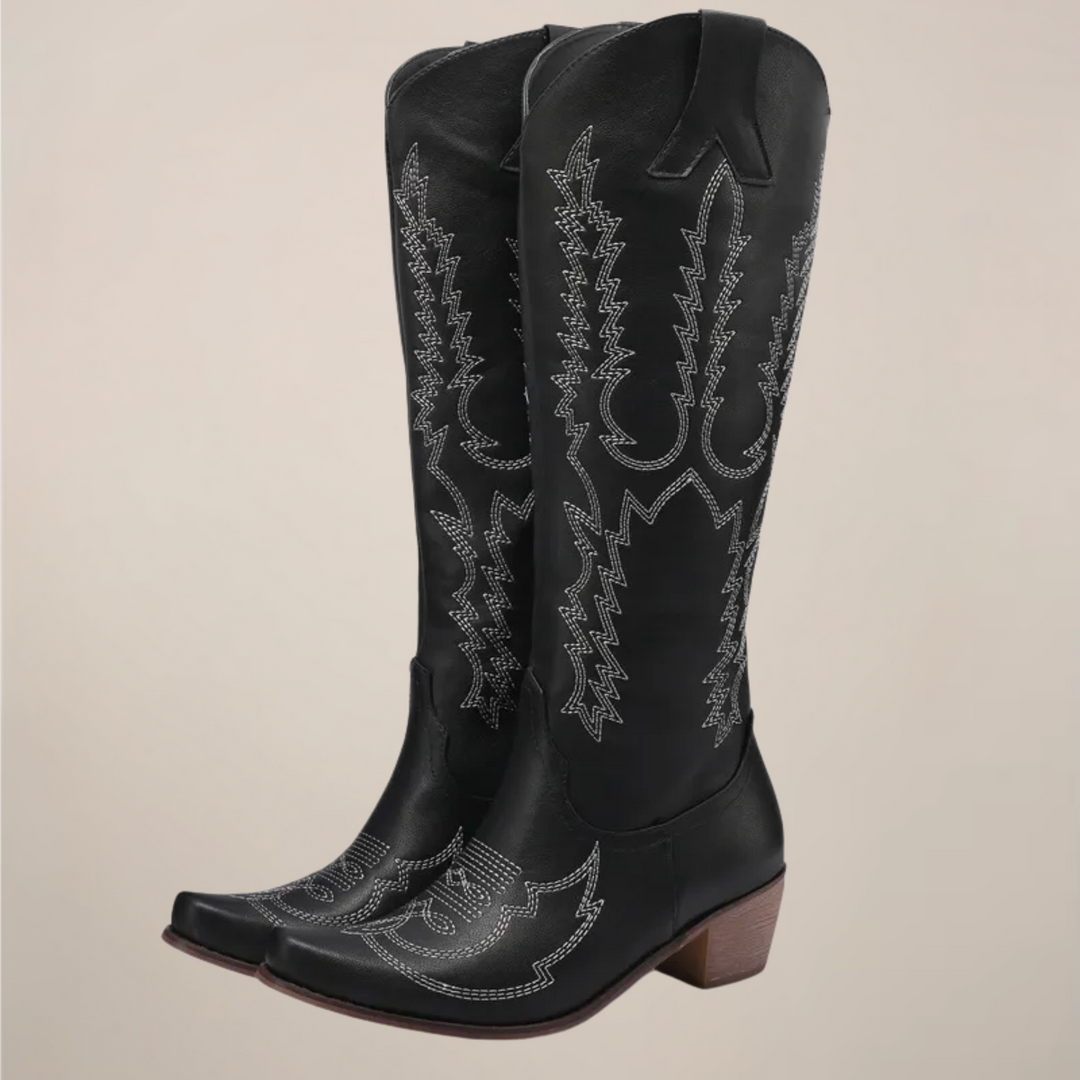 Womens Western Embroidered Knee High Boots Block Heel 1