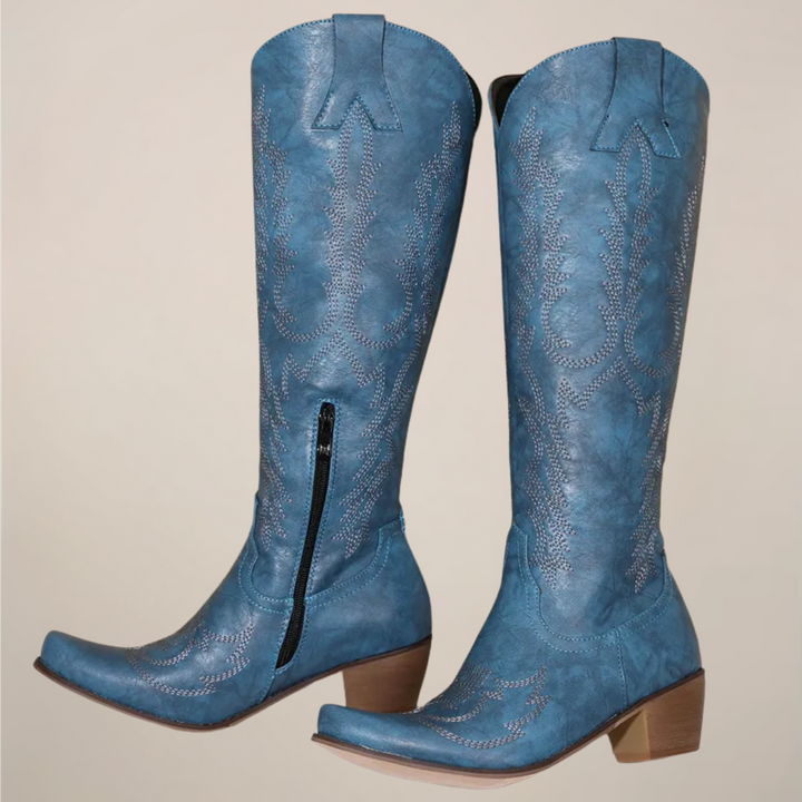 Womens Western Embroidered Knee High Boots Block Heel 3