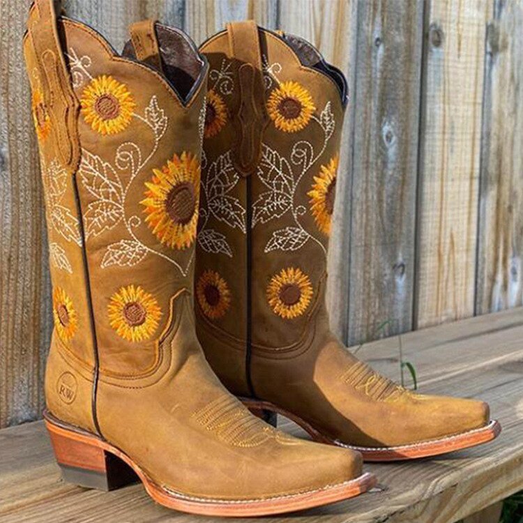 Womens Western Printed Mid Heel Cowboy Boots Leather 0